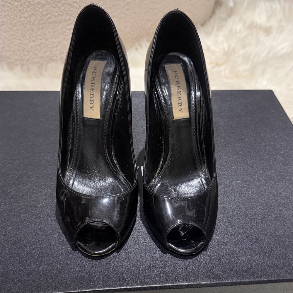 Burberry Glossy Black Peep Toe Heels